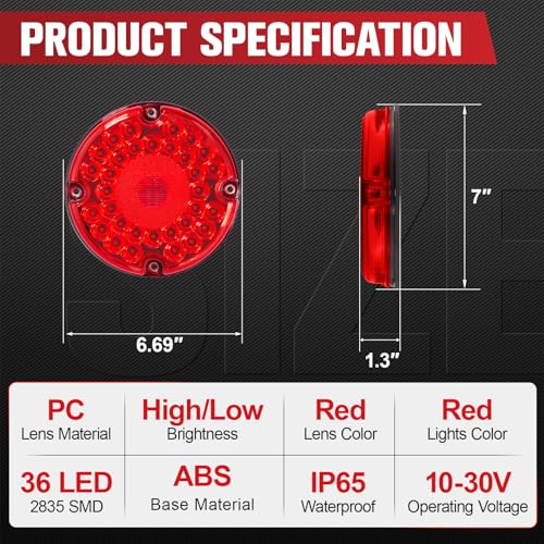 Image of 2PCS 7 inch 36 LED Round Trailer Tail Lights (Red)