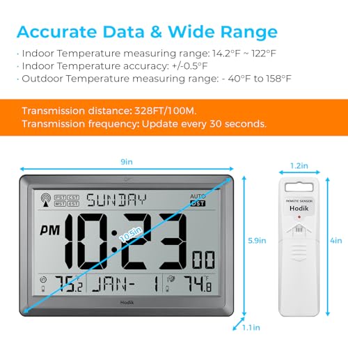 HODIK Atomic Wall Clock with Indoor Outdoor Temp, Digital Clocks(Silver) - Image 5
