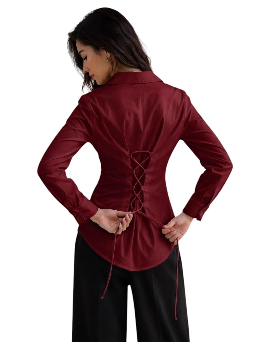 OOMPH! Women’s Cotton Solid Corset Style Shirt Red Maroon - Image 1