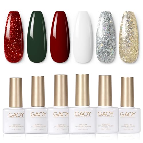 Image of GAOY Red Christmas Gel Nail Polish Set, 6 Colors White Dark Green Glitter Sparkle Winter Soak Off UV Light Cure Gel Polish Kit for Salon and Nail Art DIY at Home