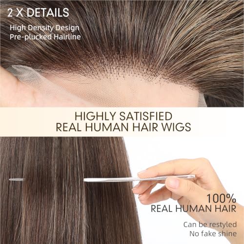 Image of KKU 100% Human Hair Wig, Lace Front Wigs Human Hair Side Part,Brown Mixed Blonde Wig Human Hair, Real Human Hair Wigs for Women(14Inch)