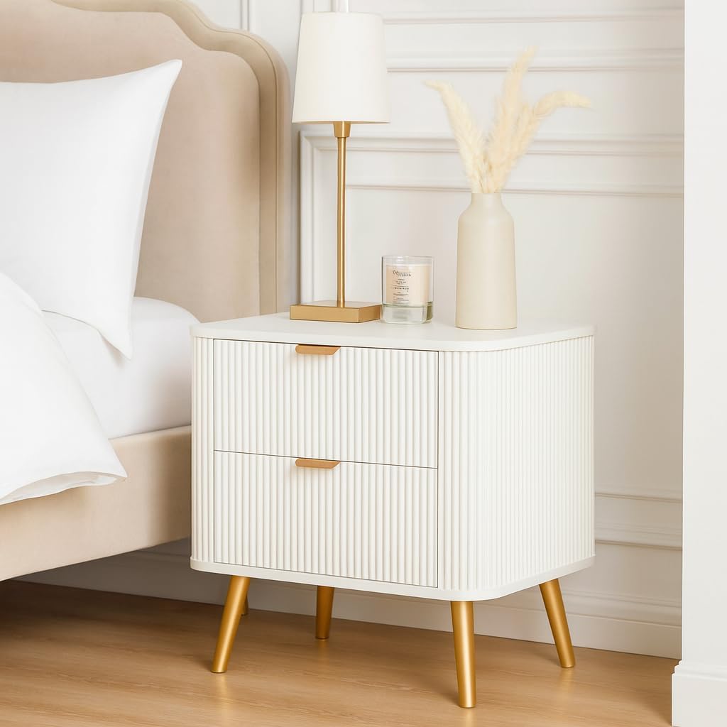 Wooden Bedside Table for Bedroom | Wooden Bed Side Nightstand Lamp Table with 2 Drawers for Home & Hotels | Side Table for Living Room|HDMR Wood & Iron Legs, White Finish-image-47
