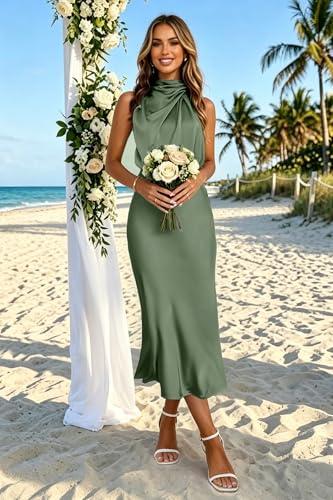 Image of Women's Satin Maxi Dress Summer Formal Wedding Guest Cocktail Dress | Mock Neck Sleeveless,Elegant Silk Midi Long Dress,High Neck,Halter,Aline,Bridesmaid,Bridal Shower Guest,Garden Party,Dinner