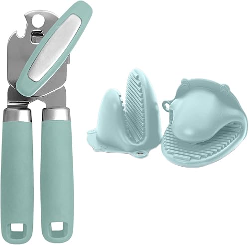 Gorilla Grip Abrelatas manual de mano fuerte y mini manoplas de silicona resistentes al calor, tamaño grande, perilla giratoria, juego de 2 guantes