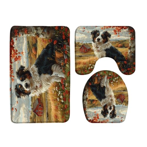 3PCS Fall Dog Bath Mat Set Autumn Forest Maple Leaves Floral Red Barn Harvest Seasonal Farmhouse Animal Bathroom Kitchen Floor Mat Doormat,Toilet Lid Cover and Bath Mat Microfiber Home Decor Rug