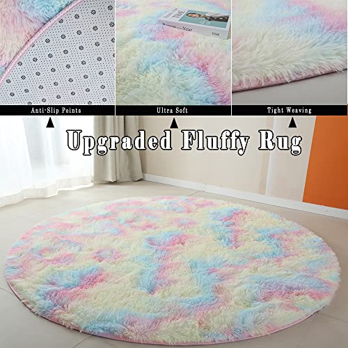 Fluffy Round Area Rug for Bedroom 120cm Soft Fuzzy Circle Rug for Kids Girls Baby Room Indoor Plush Circular Nursery Rugs Cute Modern Furry Rugs for Living Room Shaggy Carpet for Bedroom Rainbow - Image 2