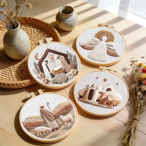 Image of Santune Christian Embroidery kit,Nativity Scene Needlepoint Cross Stitch Kits for Beginners Adult,Needle Point Sets,4 Embroidery,2 Hoops,Christmas Ornaments
