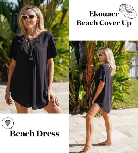 Ekouaer Swimsuit Cover Ups for Women Lace Crochet V-Neck Bikini Beach Coverups Dress for Swimwear Bathing Suit4