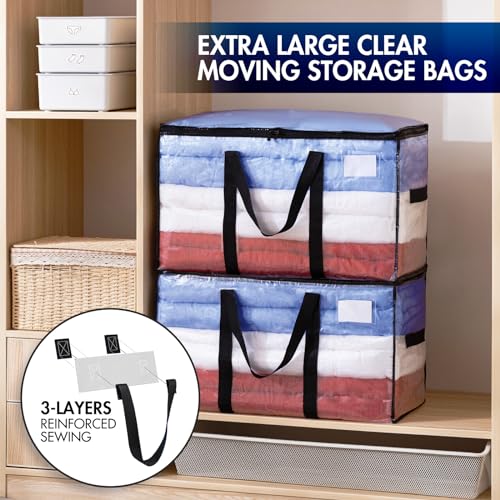 TAILI Extra Large Moving Bags Heavy Duty 2 Pack Storage Bags,Storage Bags with Zips,Clear Window & Reinforced Handles,Waterproof Moving Boxes with Lid for Clothes,Travel,Beddings - Image 2