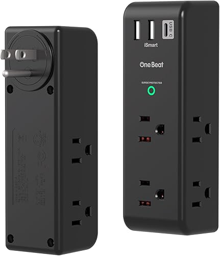 Extensor de salida protector de sobretensiones con enchufe giratorio, 6 tomas de corriente alterna con 3 puertos USB (1 USB C), 1800 J, regleta Negro