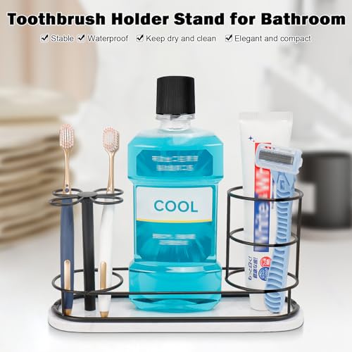 Image of Toothbrush Holder Stand for Bathroom, Metal Toothbrush Organizer with Marble Base, Toothbrush Storage Collection for Family, Suitable for Home Hotel Countertop Vanity (Large, Matte Black)