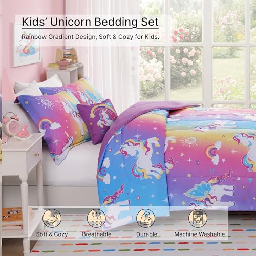 Twin Comforter Set for Girls -3 Pieces Rainbow Unicorn Twin/Twin XL Bedding Set with 1 Comforter, 1 Decor Pillow, 1 Pillow Sham