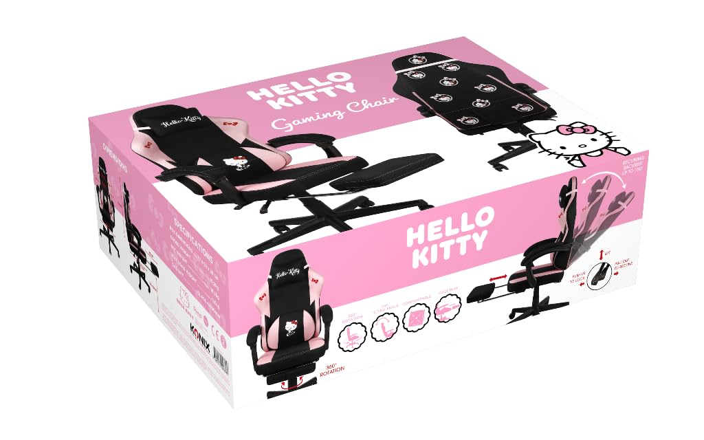 Konix Hello Kitty Gaming Bürostuhl - Sitzneigung 150° - Stoffbezug - Holz- und Metallgestell - Kissen - Fußstütze - Schwarz und Pink