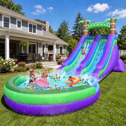 Grade Inflatable Water Slide Backyard Party, Large Swimming Pool Better Drainage and Durability, Wet Dry Use, Summer Splash Fun (Rain Forest) (with Blower)
