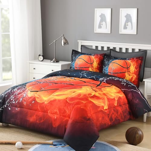 Image of Andency Basketball Comforter Queen(90x90 Inch), 3 Pieces(1 Basketball Comforter, 2 Pillowcases) Sport Microfiber Comforter Set Bedding Set for Kids Boys Girls Teens