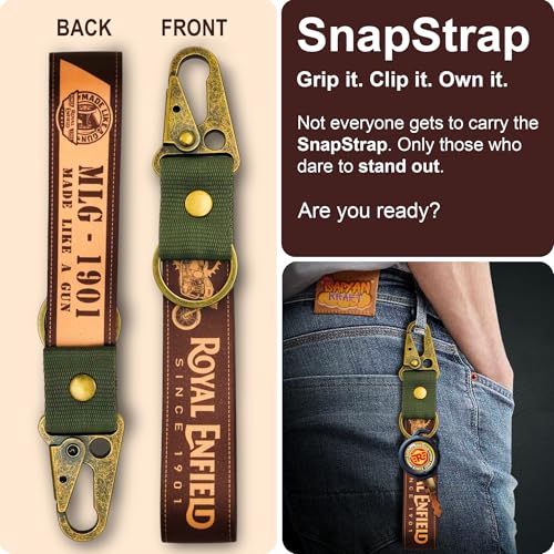 Image of SnapStrap RoyalRide Carabiner Keychain Compatible with Royal Enfield Strong Heavy-Duty Metal Clip with Fabric Key Ring Bike Accessory
