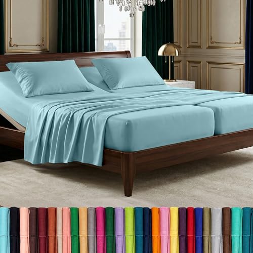 Image of Elegant Comfort Luxurious 1500 Premium Hotel Quality Microfiber Three Line Embroidered Softest 5-Piece Bed Sheet Set, Wrinkle and Fade Resistant, Split King, Aqua