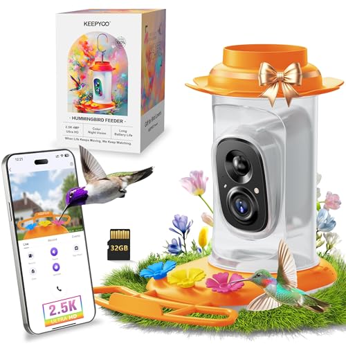 KEEPYOO 2.5K Hummingbird Feeder with Camera Wireless Smart Bird Feeders for Outdoors AI Bird Identify Instant Notification Include 32GB SD Card Ant Moat & Bee-Proof Gift for Birds Lovers(Orange)