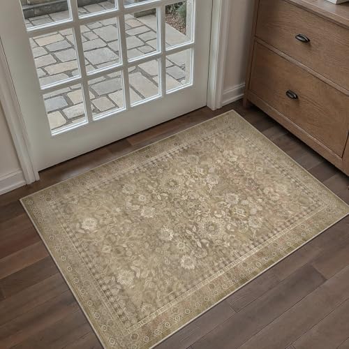 WondRg 2x3 Light Brown Neutral Washable Area Rug for Living Room Distressed Floral Non Slip Throw Rug Indoor Low Pile Doormat Accent Stain Resistance Entrance Dining Laundry Room Kitchen Bat