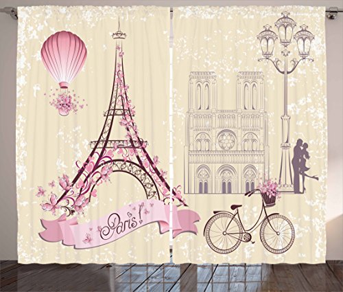 Get Discount 70% Price Ambesonne Kiss Curtains, Floral Pariss Landmarks Eiffel Tower Hot Air Balloon Bicycle Romantic Couple, Living Room Bedroom Window Drapes 2 Panel Set, 108 X 63, Ivory Pink
