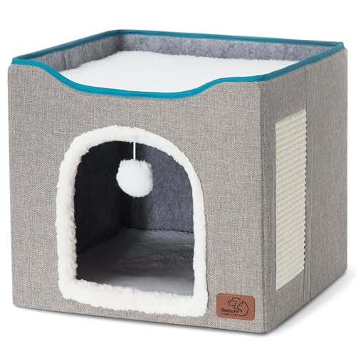 Bedsure Cat Beds for Indoor Cats - Large Cat Cave for Pet Cat House with Fluffy Ball Hanging and Scratch Pad, Foldable Cat Hideaway, 16.5x16.5x13 inches, Grey - Image 5