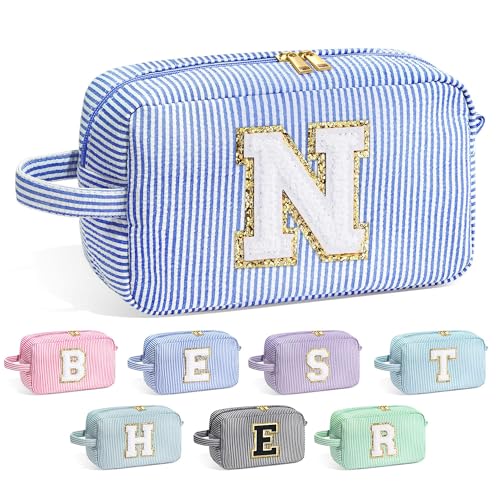 Image of YOOLIFE Personalized Gifts for Mom - Initial Makeup Bag Cosmetic Bag Toiletry Pouch, Personalized Birthday Gifts for Mom Grandmother Stepmother, Mother In Law Gifts, Mothers Day Gifts, Blue N
