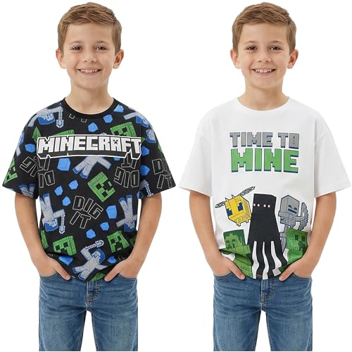 Minecraft T-Shirt Garcon 5 à 14 Ans, Lot de 2 Ras du Cou et Manches Courtes T Shirt Eté, Gaming Merchandise Idee Cadeau (11-12 Ans, Gris/Noir Minecraft 2 Pck)