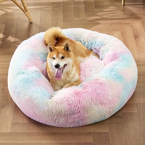 Image of Bedsure Calming Dog Bed for Medium Dogs - Donut Washable Medium Pet Bed, Anti-Slip Round Fluffy Plush Faux Fur Cat Bed, Fits up to 45 lbs Pets, Multi-Colored, 30 inches
