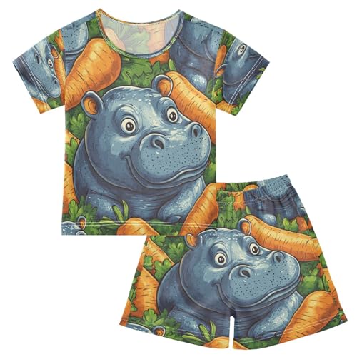 Pajama Sets Short Sleeve Cute Hippo Among Carrots Soft Cotton Summer Sleepwear 2 Piece PJS Size 5-14T