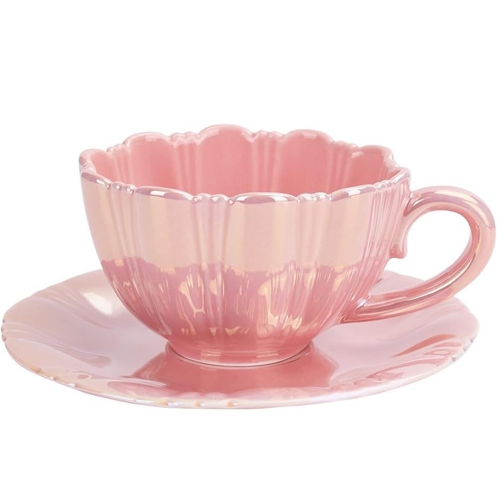 Blumenform Kaffeetasse Set Perlenglanz Blumentasse 230ml Espressotasse niedliche Capuccinotasse mit Untertasse für Frauen Freundin Geburtstag Muttertag Valentinstag (Rosa)