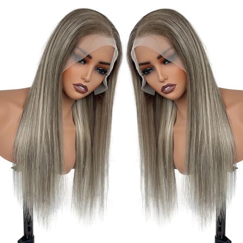 Image of Munx 13x6 Highlighted Lace Front Wigs Human Hair, Ash Blonde Balayage Glueless Wigs Human Hair for Women Ash Brown with Platinum Blonde Highlight Lace Front Wig Pre Plucked 180% Density 26 inch