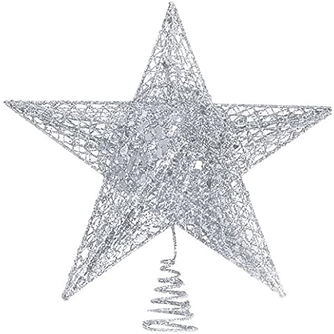 Christmas Tree Star Topper Lighted Silver Glittered Hollow Star Xmas Tree Decoration Christmas Tree Ornament with LED Light String for Indoor Party Home Decoration (Silver) Cover