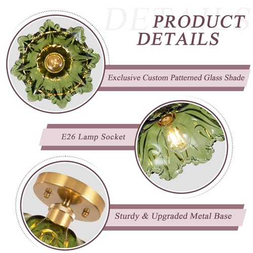 Image of Semi Flush Mount Ceiling Light, Vintage Ceiling Light 11 inch, Green Shade Glass Light Fixture for Kitchen Bedroom Dining Room,Bulb not Included