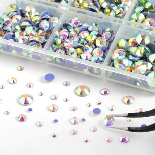 Image of 6736pcs Hotfix Rhinestones Flatback,Clear AB Rhinestones for Crafts Clothes Mixed 5 Sizes, Hotfix Crystals with Tweezers and Wax Pencil Kit, SS6-SS30, Clear AB
