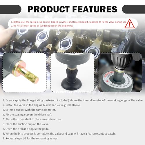 Image of Salior Valve Lapping Tool Kit with 5 Suction Cup Adapters,Durable Valve Lapping Kit with Maximum Working Ranges of 1000rpm to 1250rpm,Valve Grinding Tool for Valve Maintenance Repair Tool
