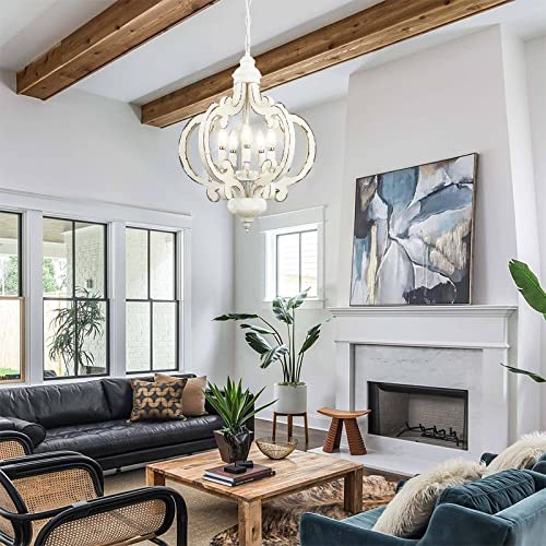 Xgfourseven 01WHITE Farmhouse Chandeliers Handmade Distressed White Wood Pendant Light,5-Light Country Hanging Light Fixture thumb #7