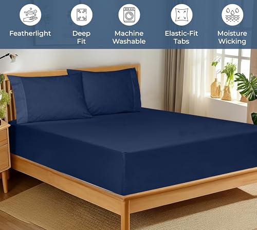 Image of Royale Linens 100% Organic Cotton Fitted Sheet - Percale Weave - Super Soft Deep Pocket Bottom Sheets - Navy Elastic Sheet King Cal Size - California King Fitted Sheets Only - (72 inchx84 inch+15 inch, Navy)