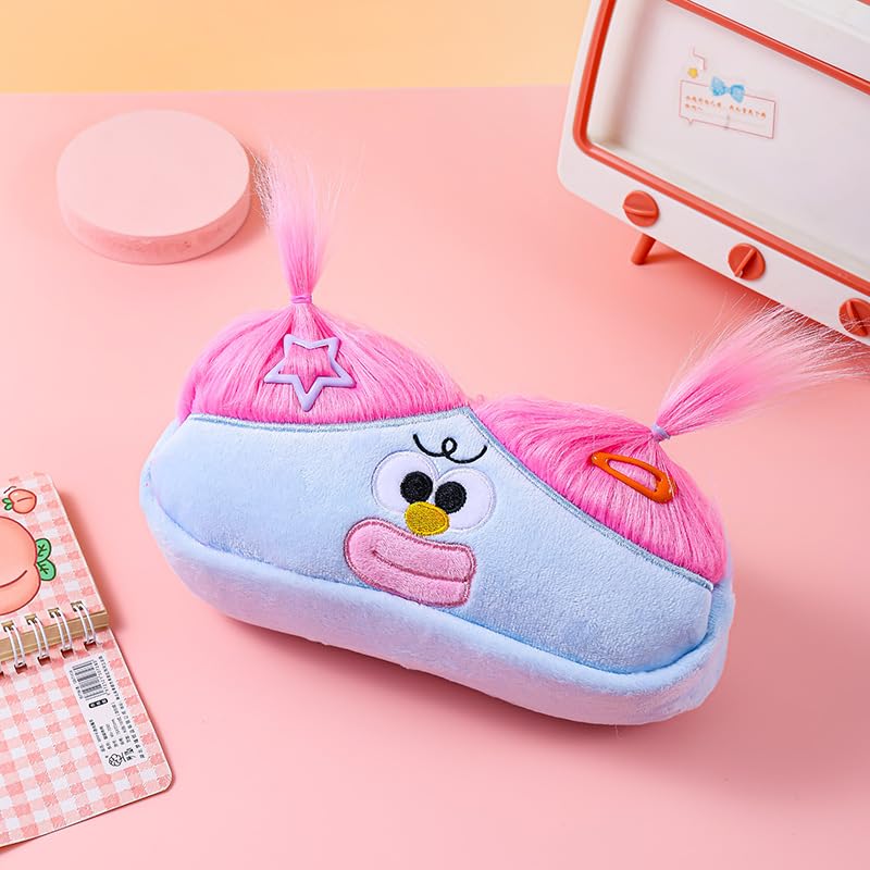 Image of XZR Cute DIY Pen Bag Case Box Stocking Stuffers Cute Creative Long Hair Doll Colorful Cartoon Large Capacity Zipper Organizer Storage Bag Box Nice Gift (Blue)