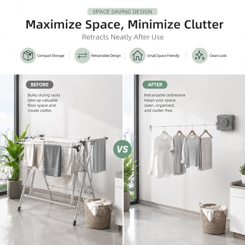 Image of Retractable Clothesline for Balcony Indoor Outdoor | 5.1m Adjustable Single Line Laundry Drying Rope with Tighten & Lock System, Self Adhesive or Screw Mount (Single Line Telescopic White)