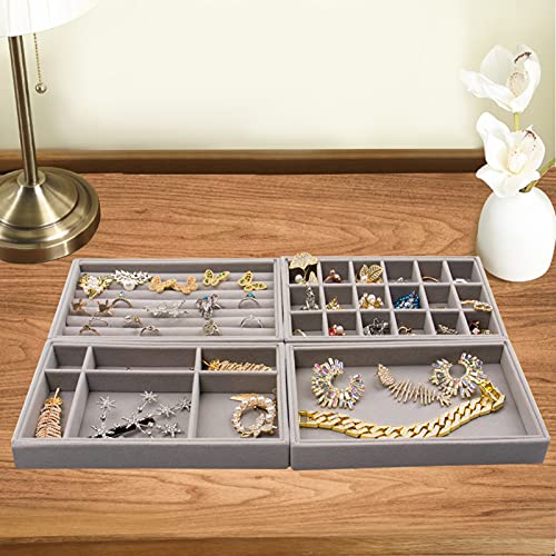 Image of Tasybox Velvet Jewelry Trays Organizer for Drawers, Small Stackable Jewelry Display Tray for Ring Earring Bangle Bracelet Necklace, Set of 4, Gray