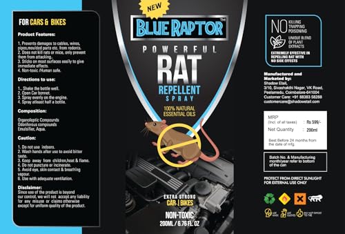 Shadow Securitronics Blue Raptor No Entry Rat Repellent Car Spray for Cars Highly Effective Easy to Spray, Odour Free Rodent Repellent Spray for Cars (Pack of 1-200ml) (Image - 4)