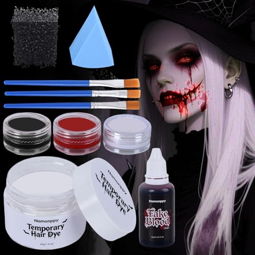 Kit de maquilhagem de Halloween com pintura facial, sangue falso e tinta instantânea magia preta para vampiro, zumbi e bruxa!