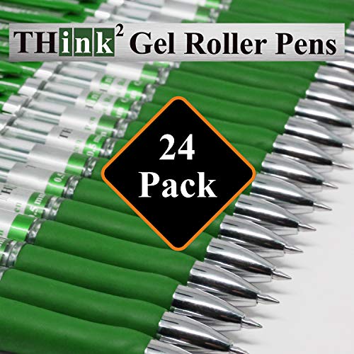 Image of [24 Pens - Green Ink] Think2 Retractable Gel Pens. (24 Green) Fine Point (0.5mm) Rollerball Pens with Comfort Grip.