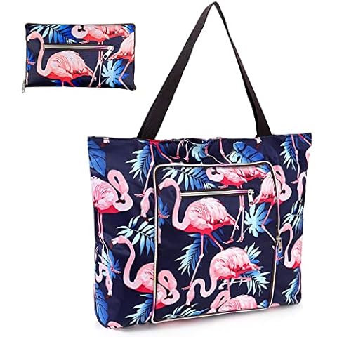Mikytoper Flamingo Beach Bags for Women, Large Summer Beach Tote Bag, Waterproof Sandproof Tote Bag, Canvas Bag with Zipper for Beach Travel Pool Shopping (Blue) Cover