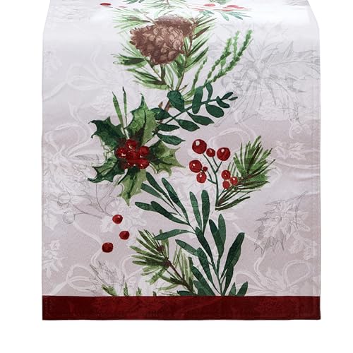 Elrene Home Fashions Holly Berry Flourish Festive Seasonal Holiday/Christmas Fabric Centerpiece or Dining Table Runner, 14"x70"