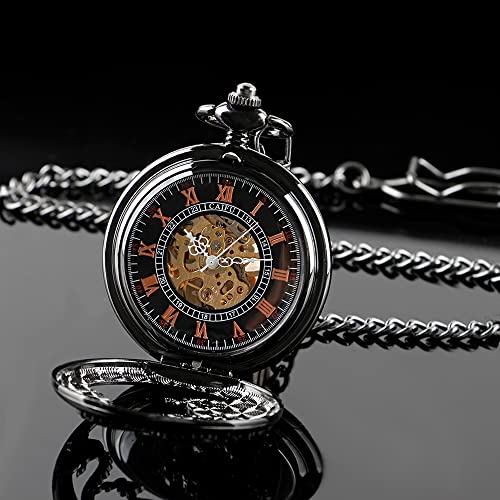 Image of Men's Mechanical Hollow Design Hand Wind Pocket Watch Roman Numerals Steampunk with Chain Box
