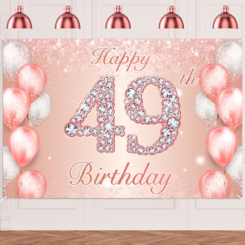 Image of Happy 49th Birthday Rose Gold Banner Cheers to 49 Years Old Backdrop Confetti Balloons Theme Decor for Women 49 Years Old Pink Birthday Party Decorations Bday Supplies Background Favors Gift Glitter