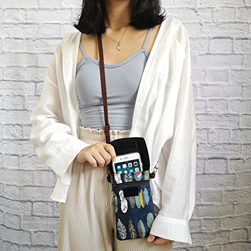 Tainada Crossbody Travel Phone Bag for Women, Small Shoulder Smartphone Touchscreen Wallet Purse Clutch Pouch w/Detachable Strap for iPhone 16/15 Pro Max; Google Pixel 9 (Feather Pattern Navy Blue)2