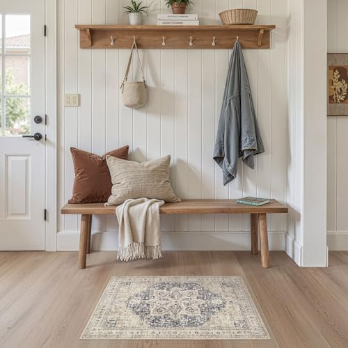Tortania Area Rug 2x3 Doormat - Washable Vintage Oriental Farmhouse Soft Thin Indoor Carpet for Living Room Bedroom Hallway Entryway Kitchen - Cream/Blue