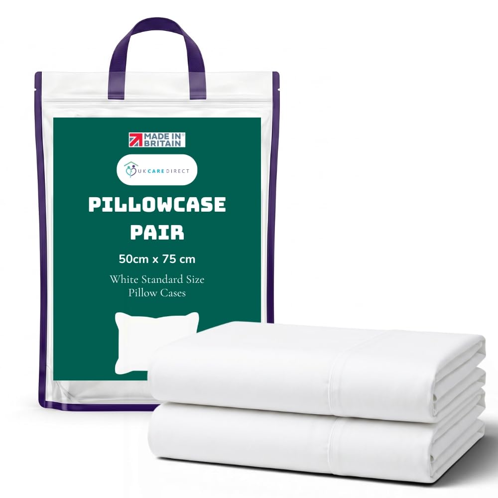 UK Care Direct 100% Cotton Pillowcase - Pack of 2 Hospital Quality Cool Touch Soft Breathable Pillow cases - Envelope Closure Machine Washable Pillow Covers for Bed Hotel Home Use 75cm x 50cm - White